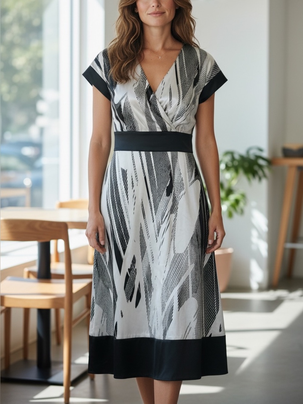 H&M Black & White Abstract Print Midi Dress with Side Zip Closure